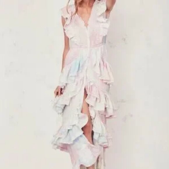 NWT Womens LoveShackFancy India Pastel Rainbow Tie Dye Silk Ruffled Maxi Dress 0 - Picture 1 of 16
